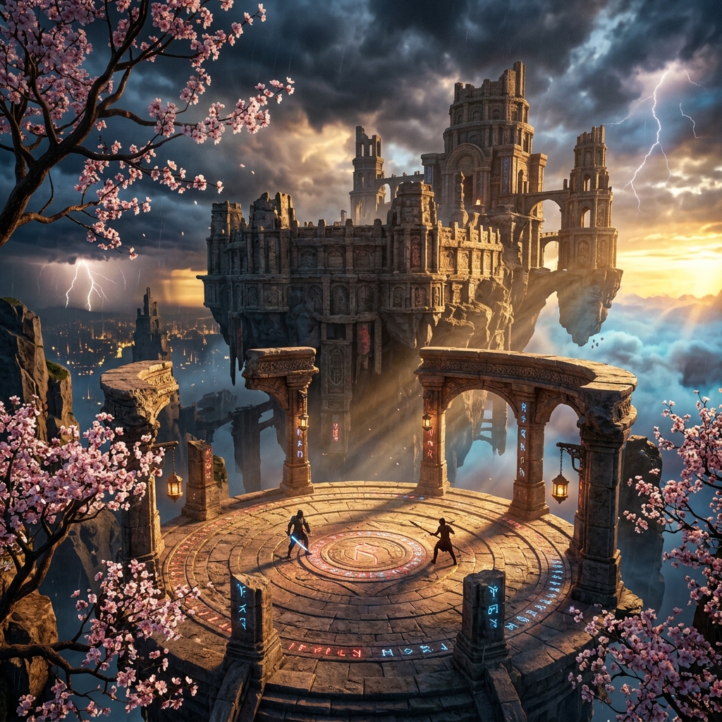 Stunning AAA game environment - ancient temple arena floating in the sky