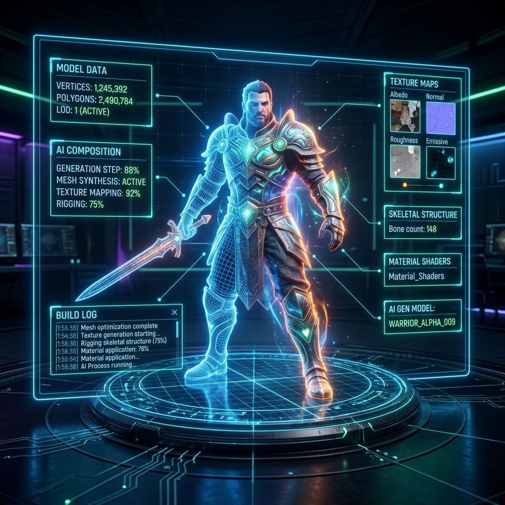 AI-powered 3D character model being generated in real-time holographic interface
