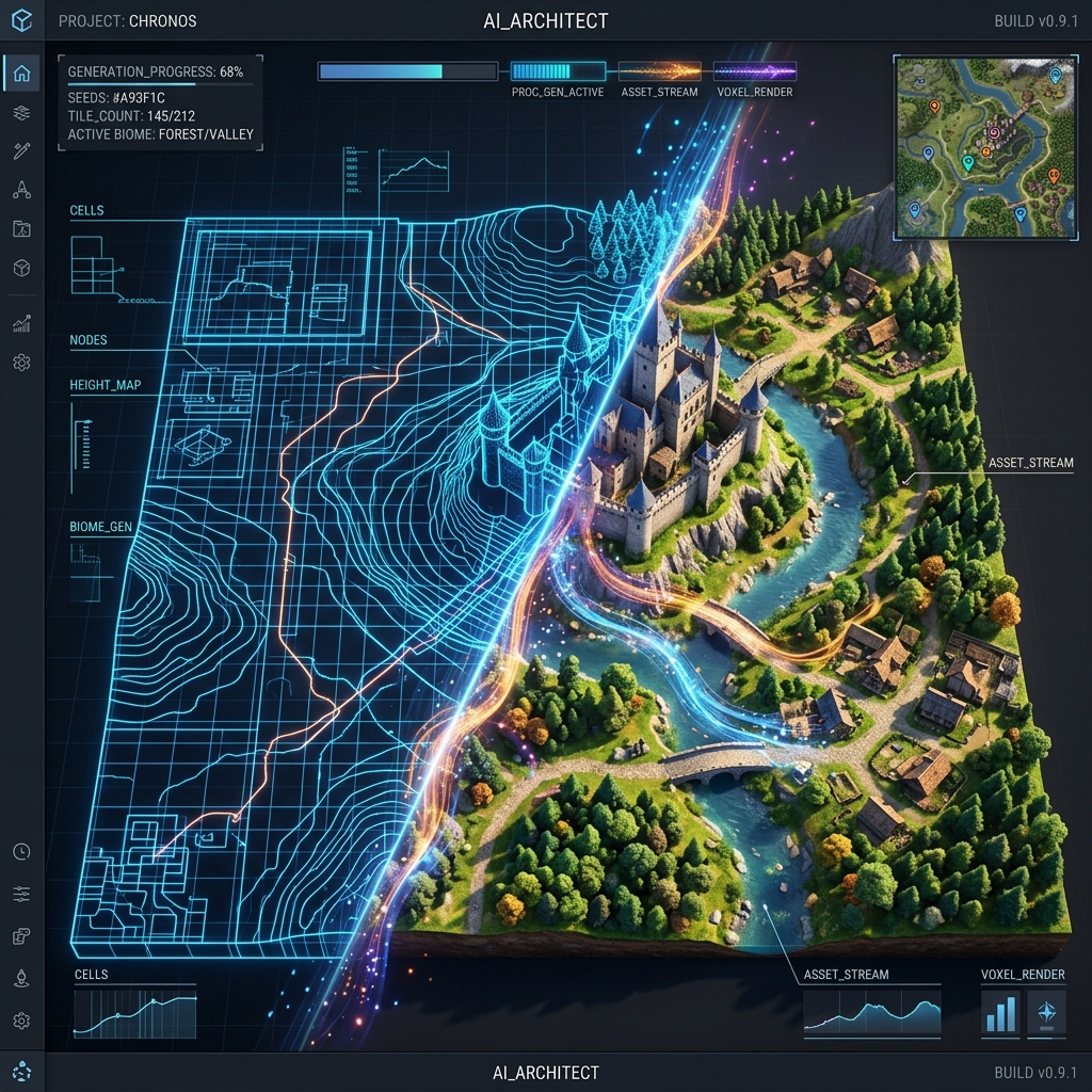 AI-generated game level showing wireframe transforming into rendered world
