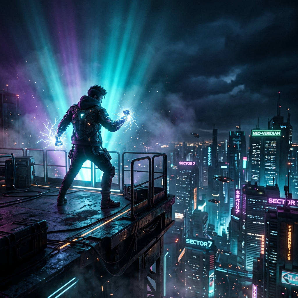 Warrior character on futuristic platform overlooking a vast cityscape